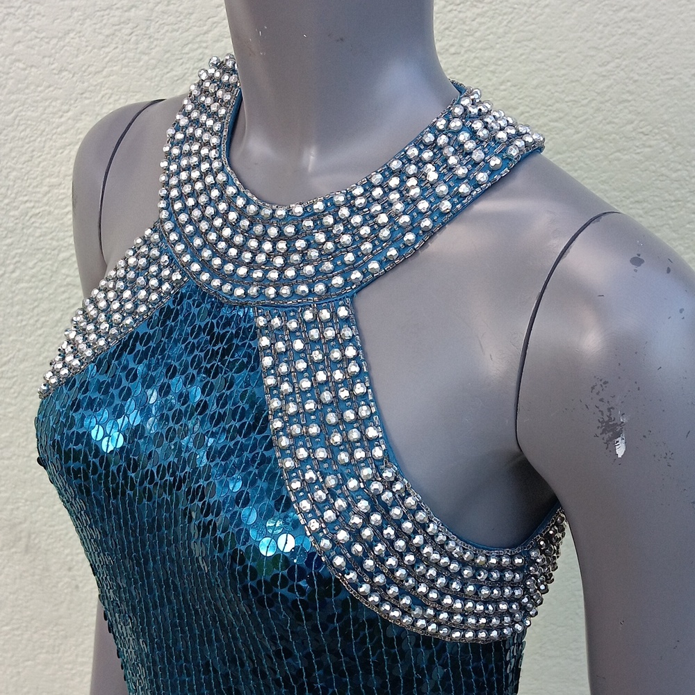 NITELINE by DELLA ROUFOGALI VINTAGE BLUE SEQUIN/STUDDED COLLAR COCKTAIL DRESS